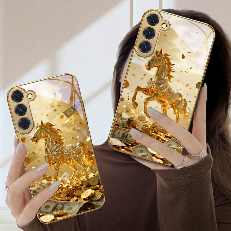 A lovely golden steed For Samsung Galaxy S20 FE S21 S22 Ultra S23 Plus S24 Ultra 25Ultra S21+ S9+ 22Plus Golden glass phone case