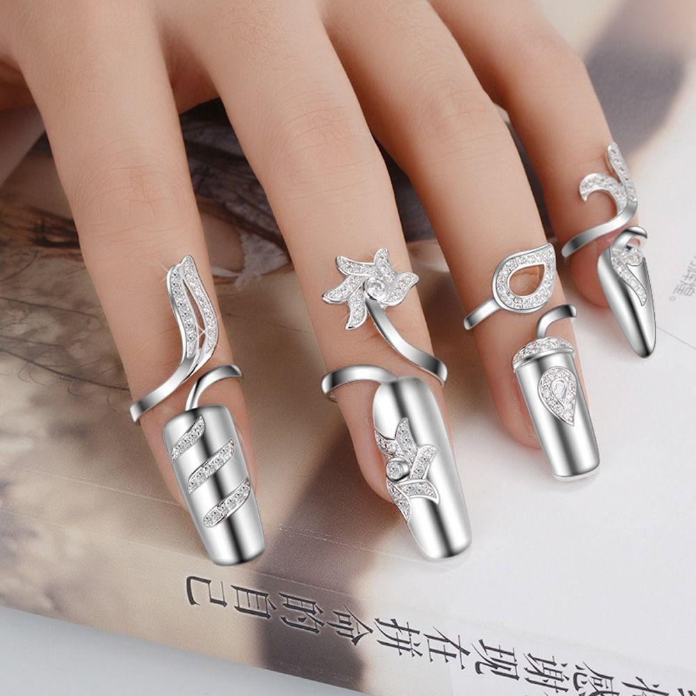 Niche Design Flower Rhinestone Finger Ring Women Nail Ring Fingernail Protective Fashion Jewelry