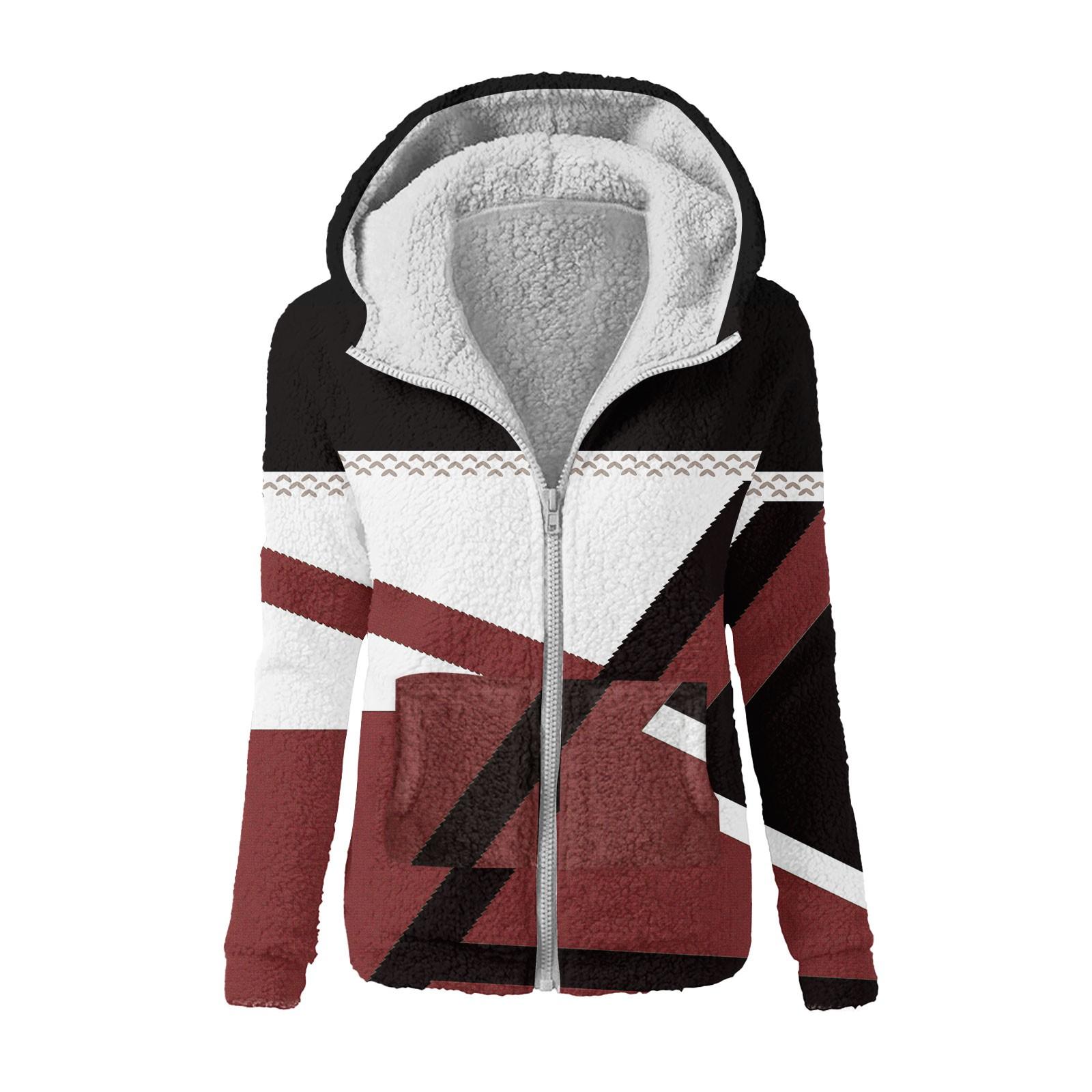 

Женская модная куртка с геометрическим принтом в стиле пэчворк с капюшоном и плюшевым верхом на молнии XL винный