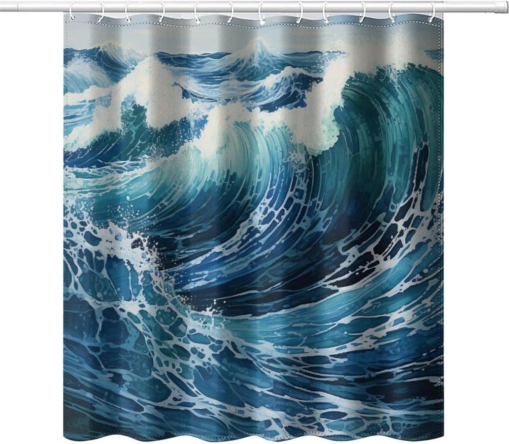 Japanese Wave Art Shower Curtain, Retro Monochrome Abstract Wave Decorative Bathroom Curtain, Asian Style Ocean Theme