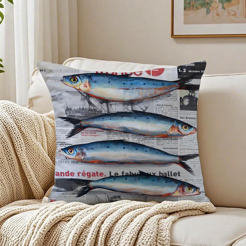 Colorful Sardine Lobster Pattern Art Cushion Cover Linen Pillowcase Soft  for Sofa Bed Home Room Decor