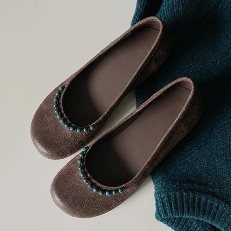 Fashion High Quality Faux Suede Round Toe Flat Sandals Women Vintage String Bead Shallow Flat Mary Jane Shoes Comfortable Ballet Flats