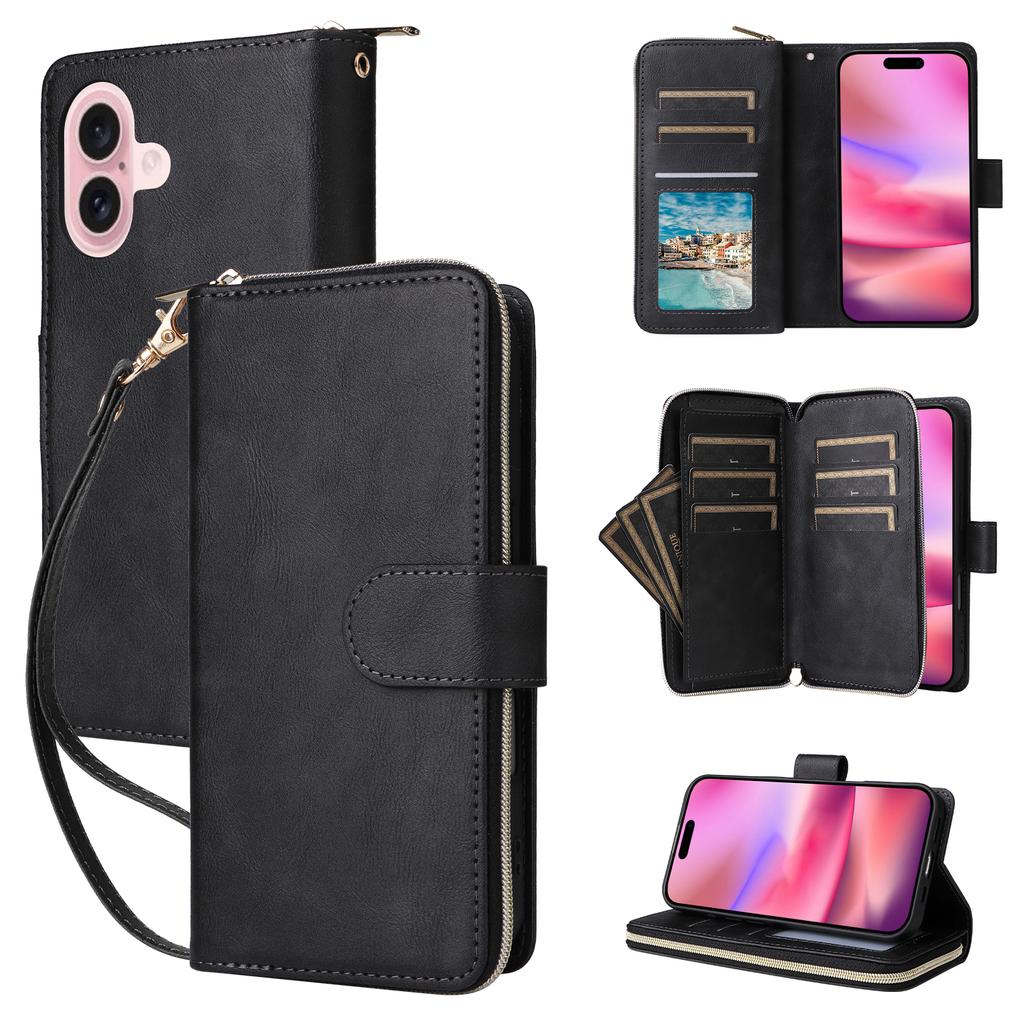 For iPhone 17 Case Zipper Pocket 9 Card Slots PU Leather Phone Cover with Hand Strap