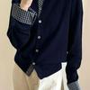 Women's Gray Plaid Fake Two-Piece Knit Cardigan - Lazy Korean Style, Loose Fit for Spring and Autumn.