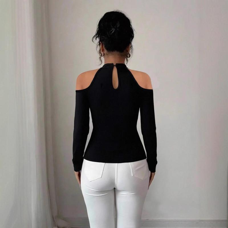 European American 2025 Autumn Winter New Hollow Off-shoulder Applique Pleated Curved Hem Slim Versatile Top