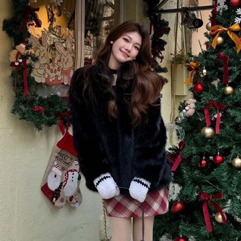 

Осень-зима женская толстая теплая искусственная норковая шуба для женщин с длинным рукавом меховая куртка верхняя одежда One Size чёрный