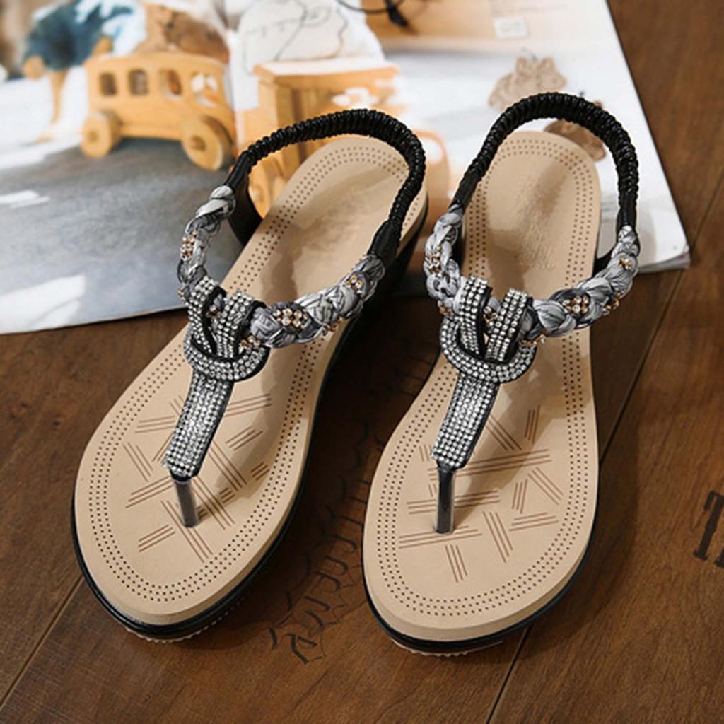 Women'S Bohemia Sandals Summer Vintage Beach Beaded Ankle Strappy Sandal Athletic Hiking Shoes Outdoor Walking Shoe For Woman