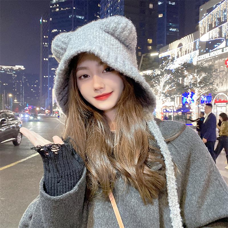 2020Korean Cute Bear Ear Knitted Hat Fashion Y2K Lace-Up Ear Protection Cap Autumn And Winter Windproof Hat Solid Color Beanies Cap