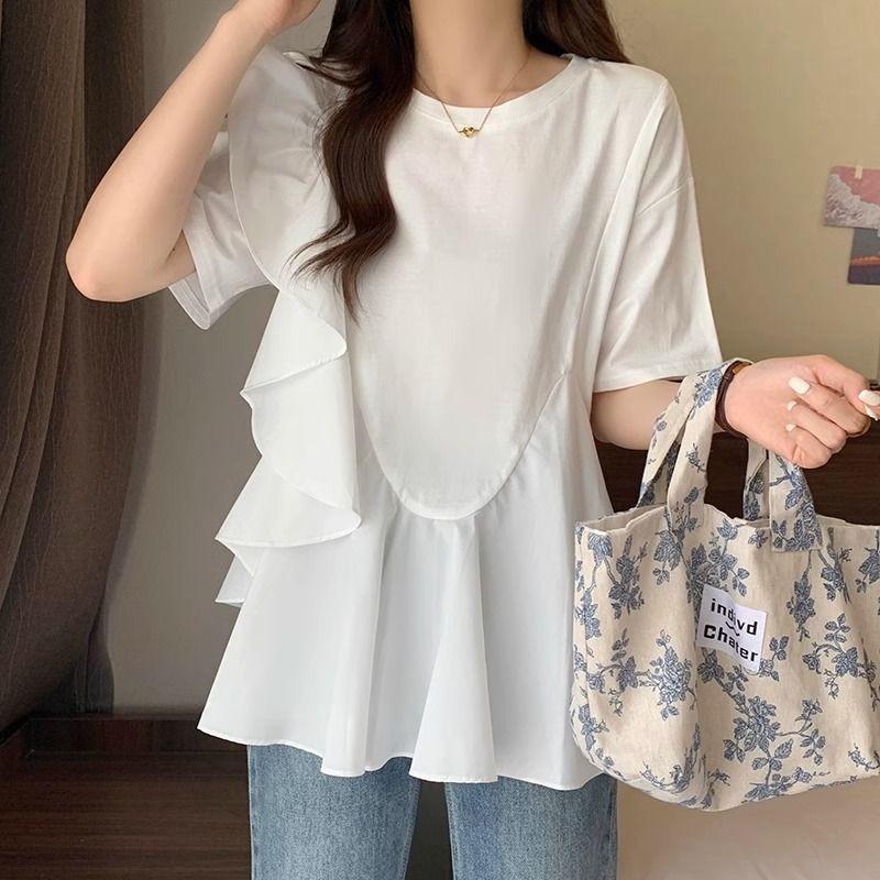 Korean Large Size Women's Clothing Patchwork Short-sleeved T-shirt for Women Summer New Loose Fashionable Age-reducing