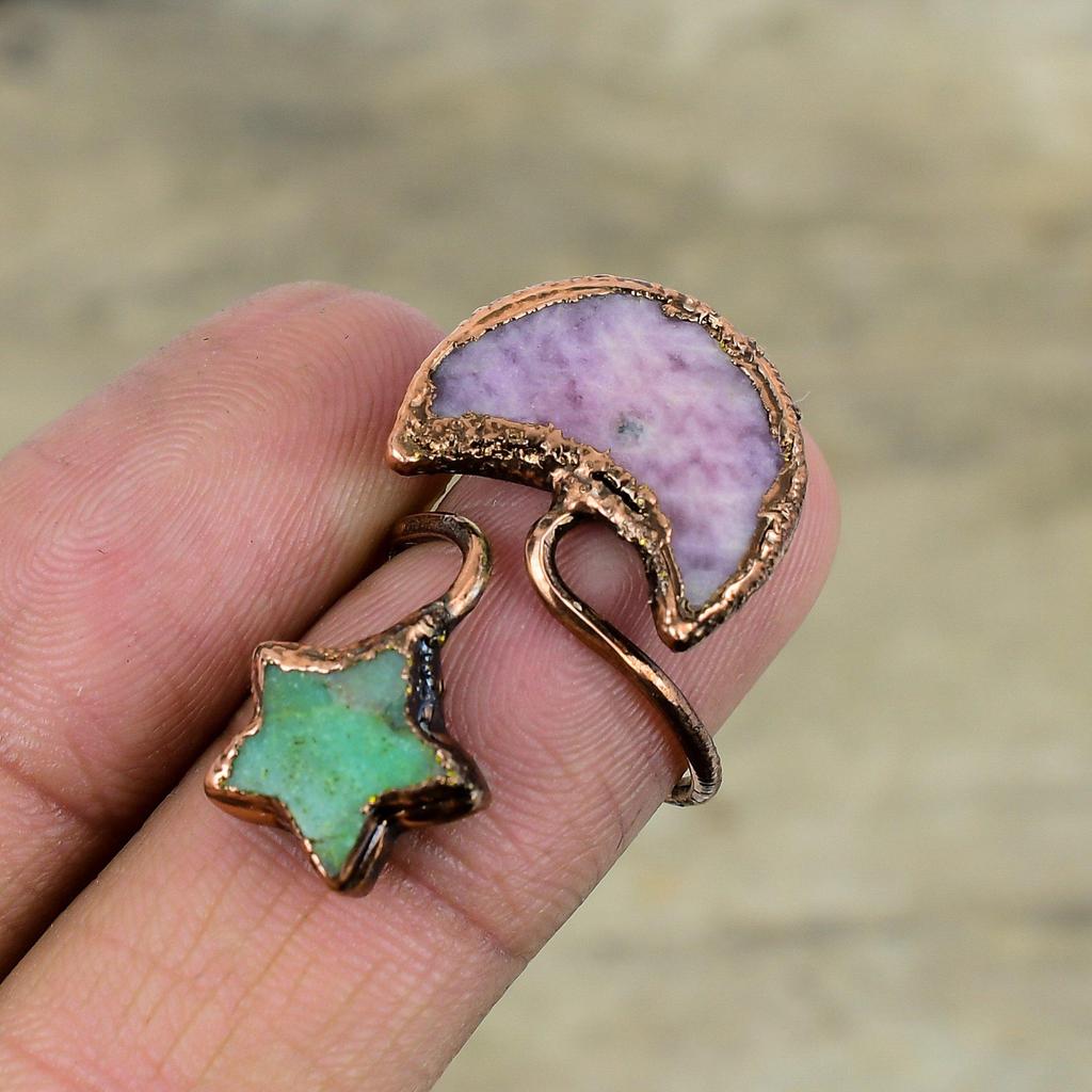 Pink Tourmaline Ring Electroformed Copper Ring Adjustable Ring Handmade Jewelry Chrysoprase Gemstone Ring Moon & Star Jewelry Gifts For Mom