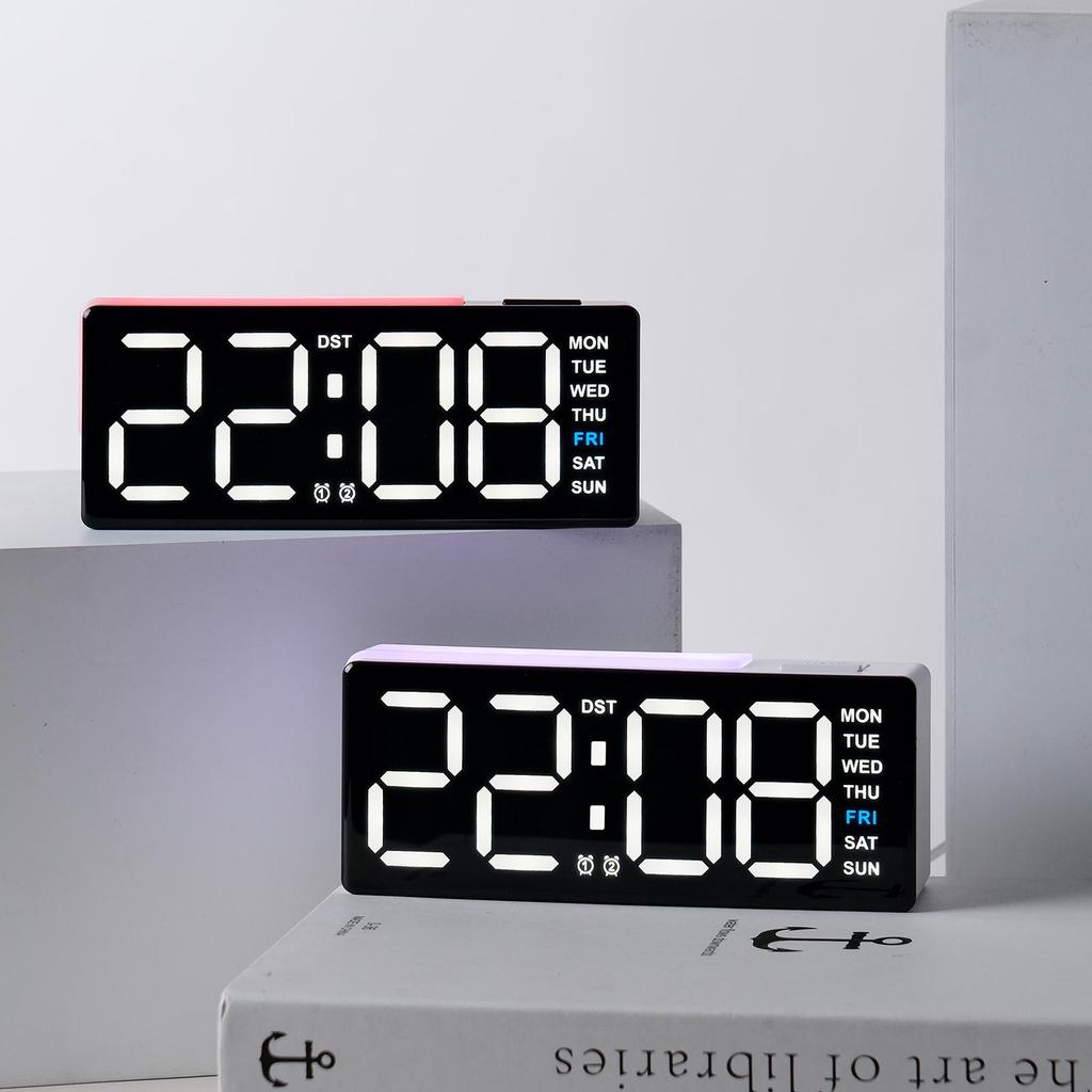 LED Digital Alarm Clock Atmosphere Light Date Teperature Week Display DST Snooze Table Clock 12/24H Brightness Adjustment