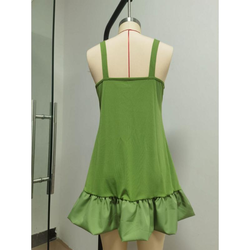 Elegant Ruffled Hem Splicing Party Dress V-neck Sleeveless Fashion Summer A-line Dress Loose Sweet Women's Casual Solid Color Mini Camisole Dresses