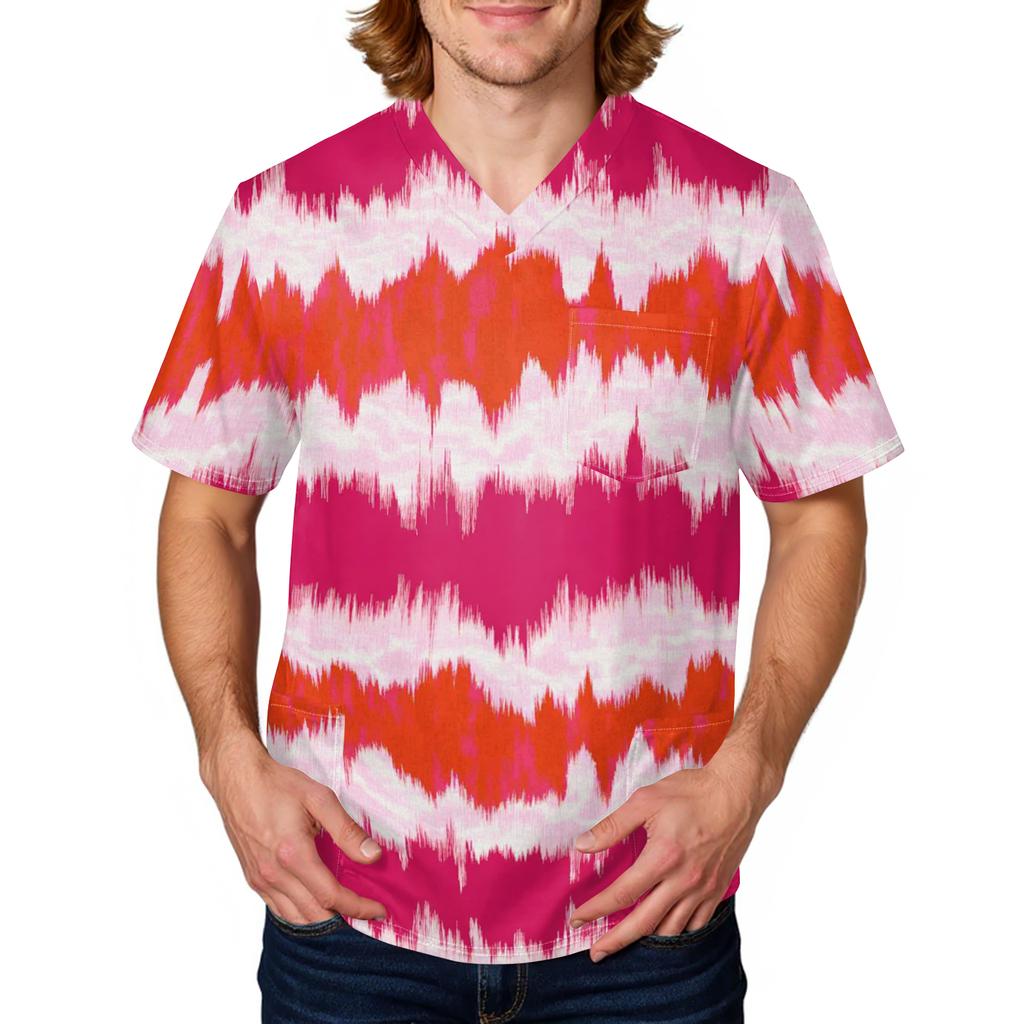 Unisex V Neck Short Sleeve Printed Scrub Top with Pocket and Tie Dye Pattern for Uniform