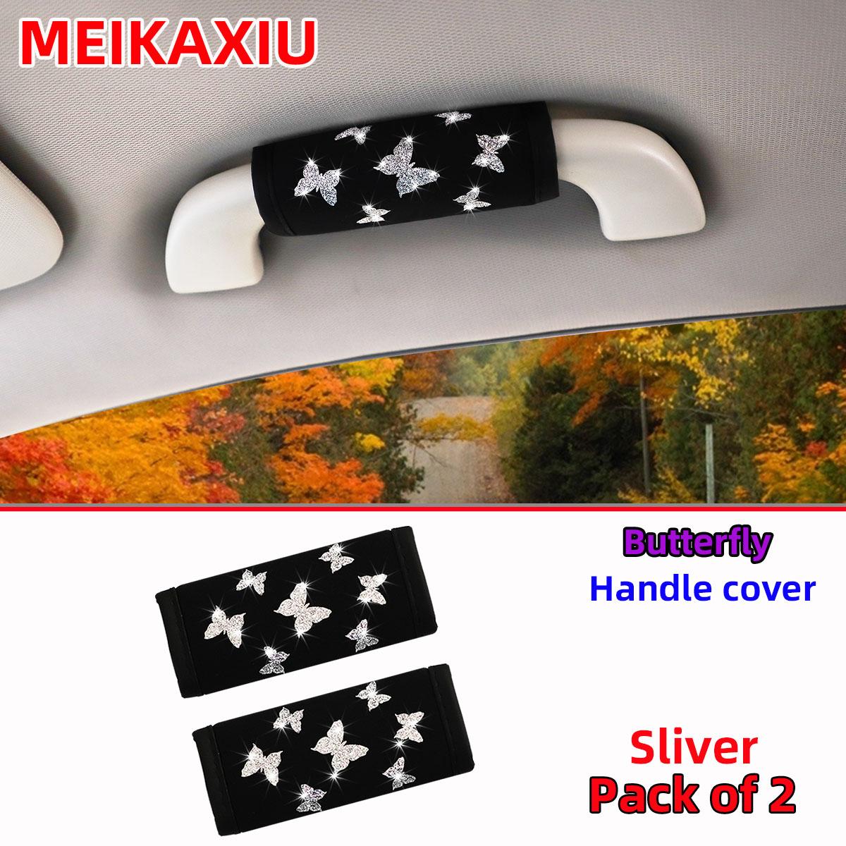 

2 beautiful butterfly flash Blingbling Fabric Breathable car handle cover inside handle protective cover handbrake cover for wom срібний