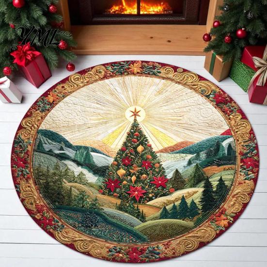 Soft Imitation Cashmere Rug Round Christmas Rug, 39" Santa Snowflake Pattern, Non Slip Carpet Holiday Area for Home Living Room Bedroom Decor Washable