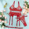Red Valentines Day Women Sexy Lingerie Sheer 3D Embroidered Underwire Hollow Out Bra Thong Garter Belt Set Mesh Underwear