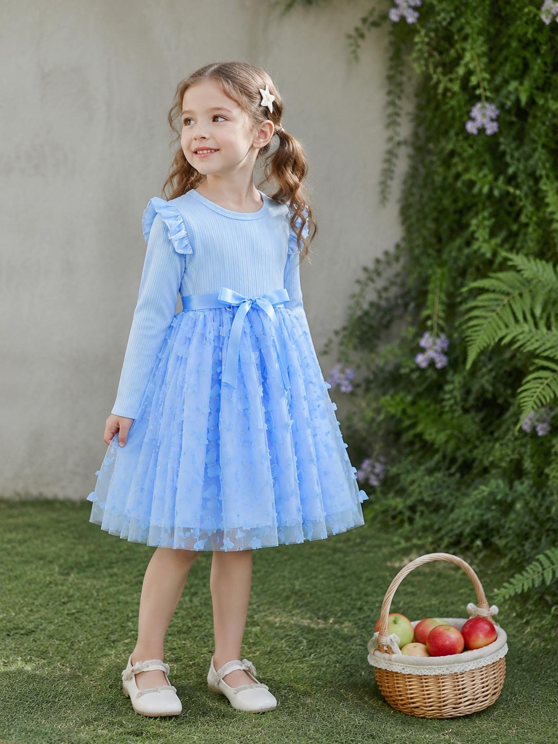 Girls Light Blue Ribbed Long Sleeve Dress, Ruffle Shoulder Belt Bow 3D Butterfly Tulle Princess Skirt 1-2Y синий
