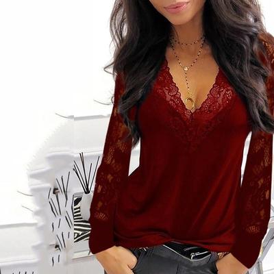 Damen V-Ausschnitt Sexy Kleidung Spitze Langarm Casual T-Shirt Solide Schwarz Grün Farbe T-Shirt