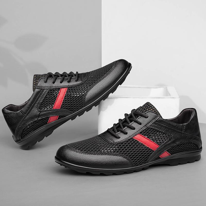 Plus Size Men s Breathable Flyknit Mesh Running Shoes with Genuine Leather 37