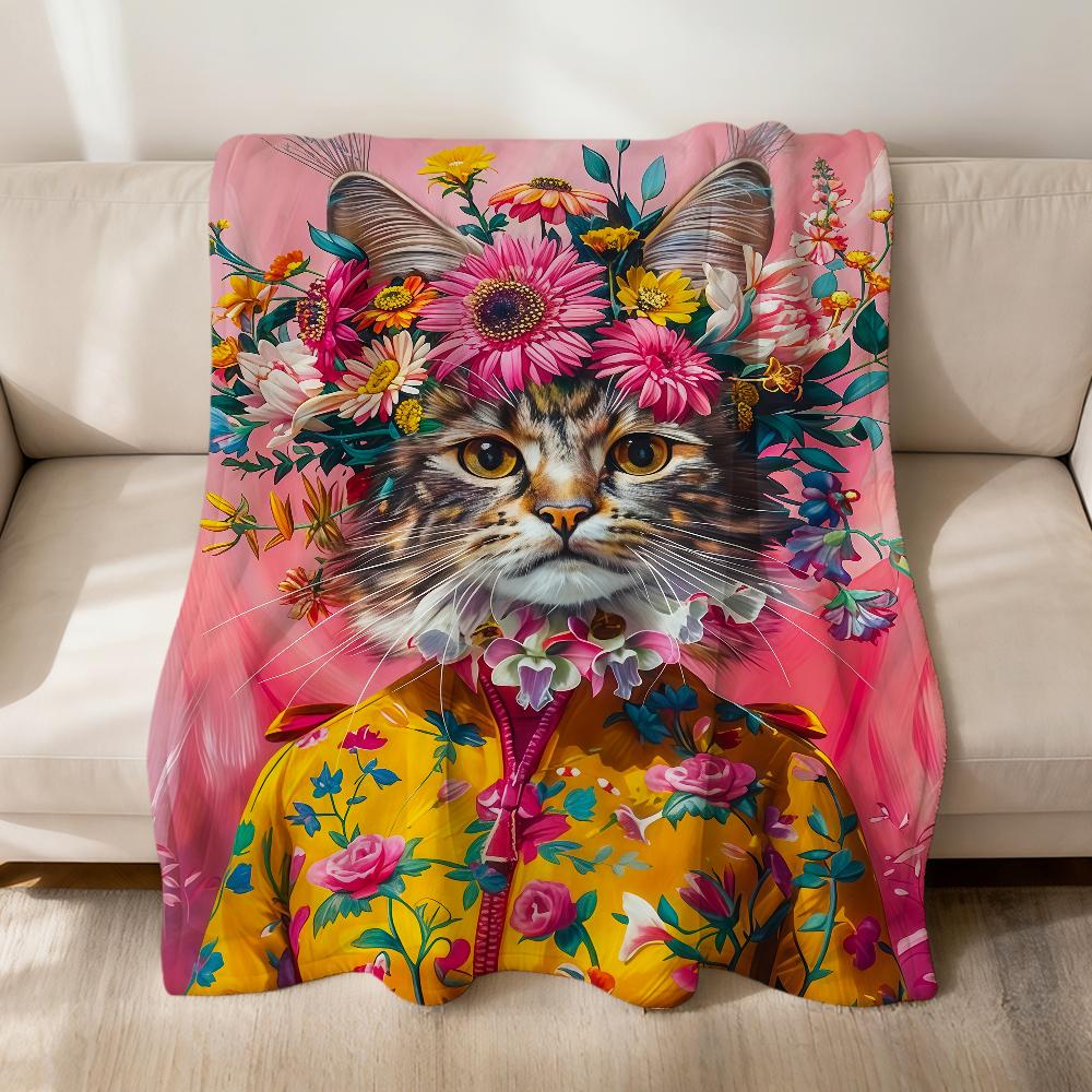 

Fashion Jewelry Floral Tabby Cat Flower Hat Flannel Soft Warm Plush Blanket Sofa Living Room Pet Bedroom Gift Home Car Portable 75x90cm