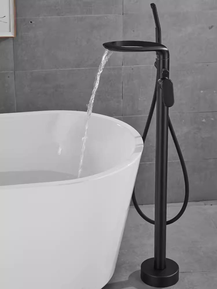 Tuqiu Black Bathtub Faucet Set Floor Decked Brass Waterfall Bathtub Mixer Morden Style Bathroom Taps