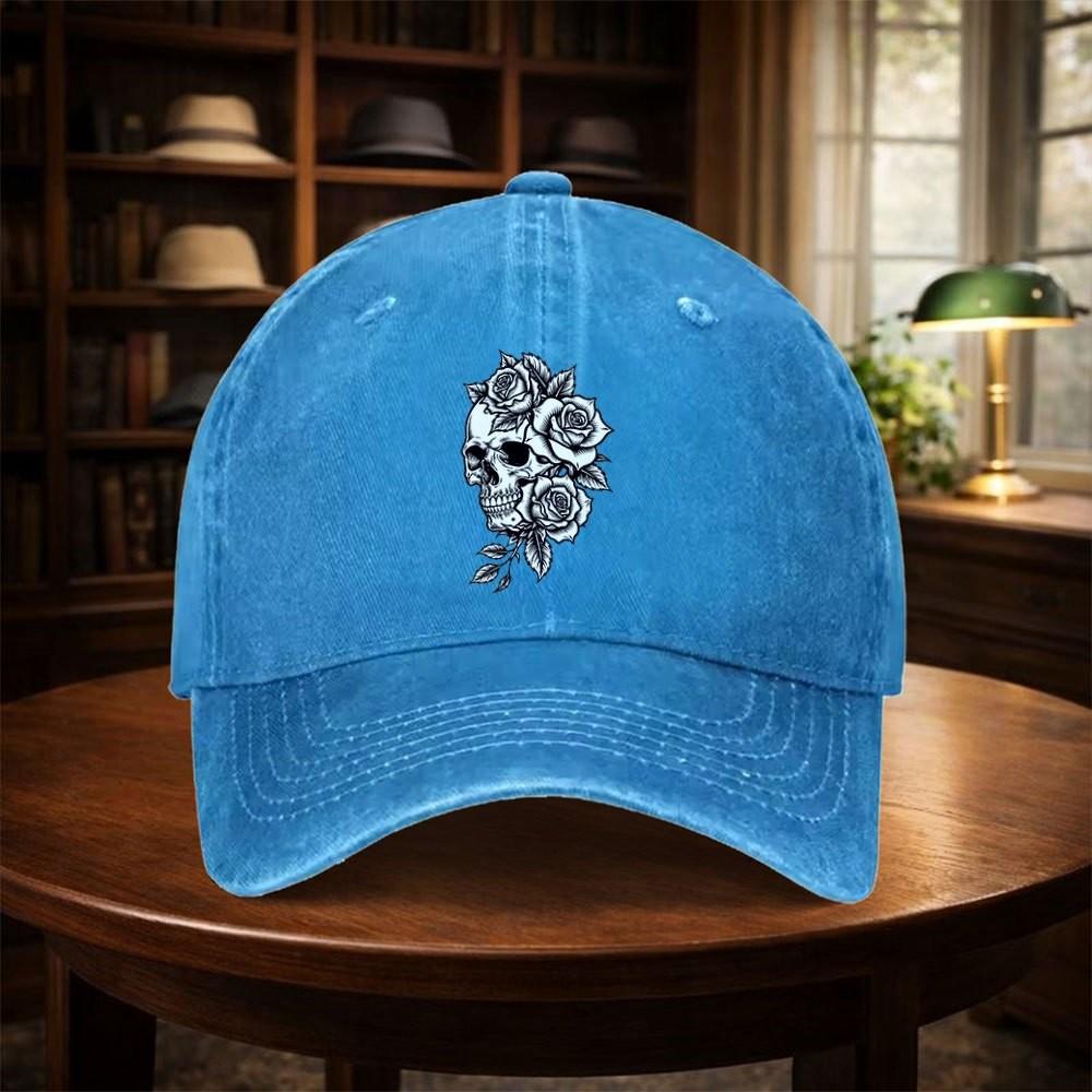 Skull Rose Tattoo Print Baseball Cap Washed Denim Casual Adjustable Hat