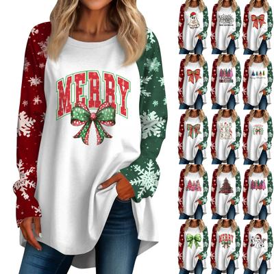 Women's Casual  Plus Size Long Sleeved Round Neck Christmas Printed T-shirt Top Pullover
