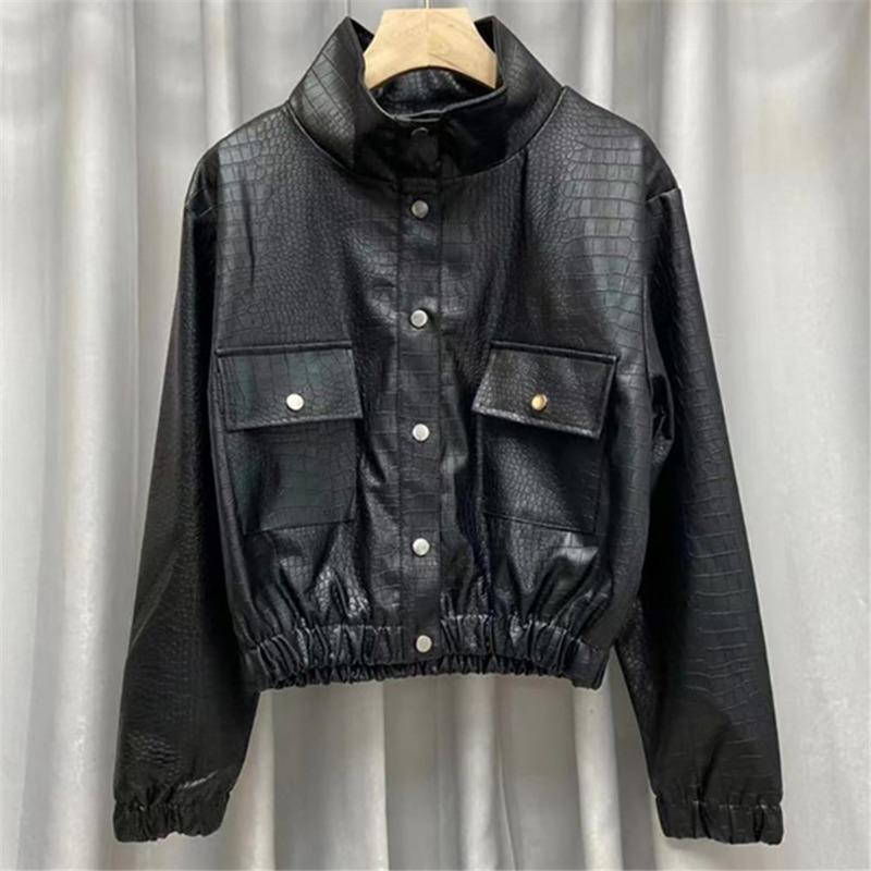 

Куртка-пальто женская тонкая универсальная рабочая одежда корейская версия короткая тяжелая промышленная черная мотоциклетная куртка из искусственной кожи весна и осень уличные топы M