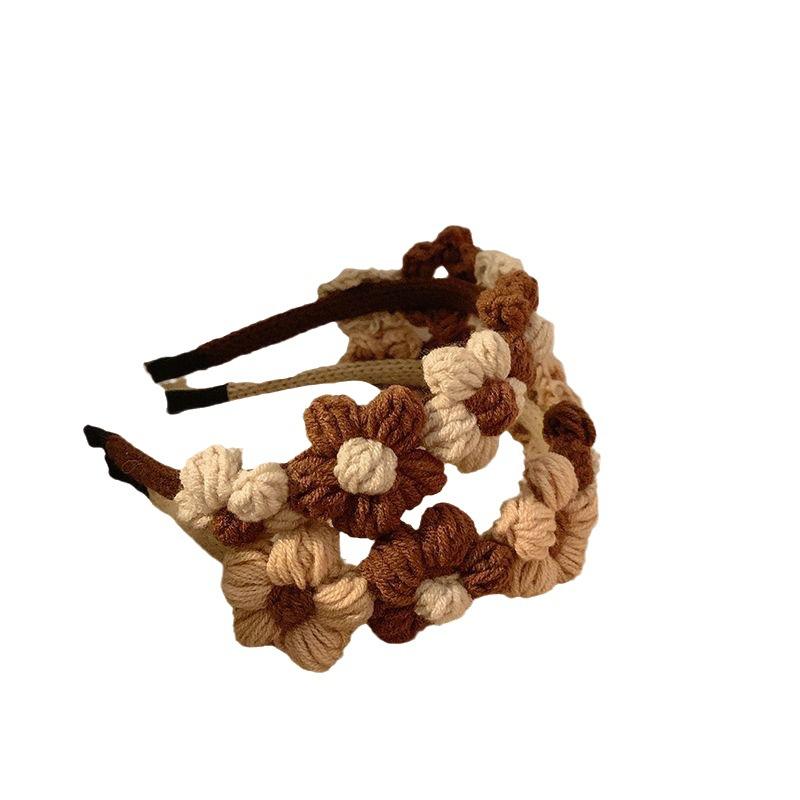 Autumn and Winter Wool Flower Headband Female Cute Weaving Face Wash Hairpin Hair Accessories Versatile High Value Coffee Color Pressure Hair Headband