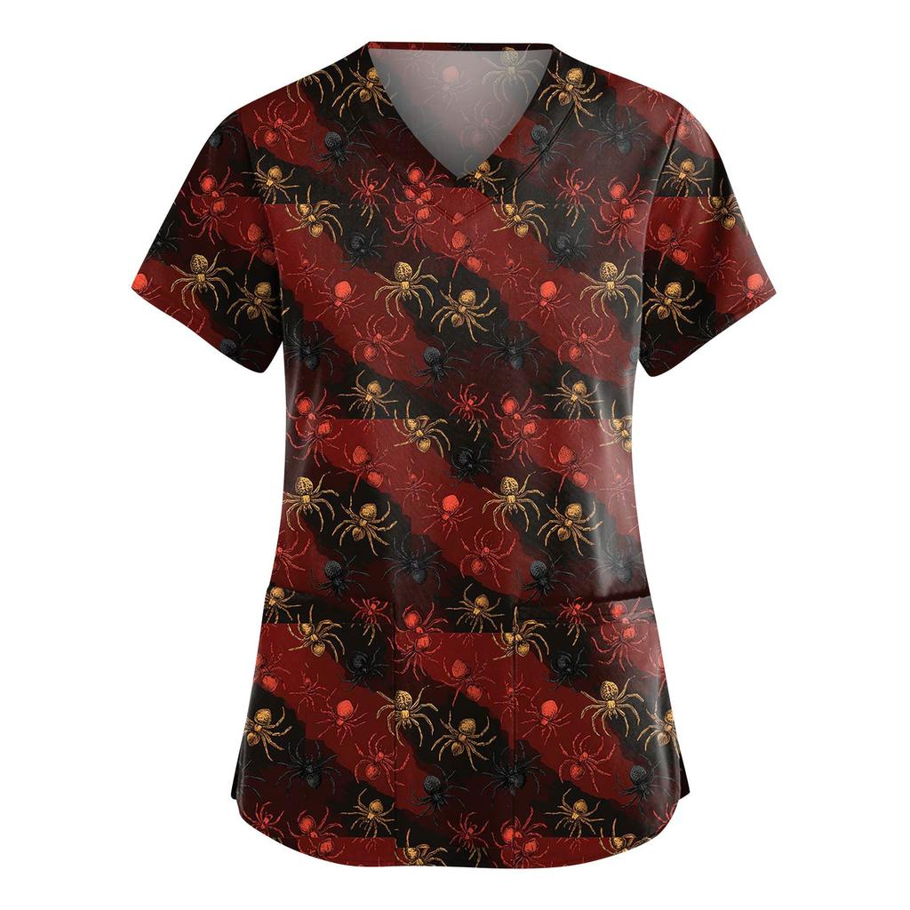 Women's Fashion V-Neck Short Sleeve Overalls With Pockets Halloween Printed Tops  Apparel