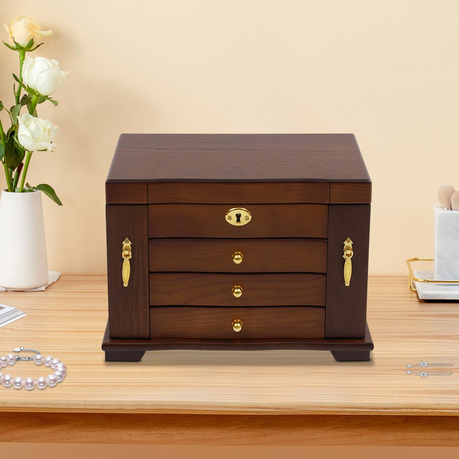

Bymaocar 4-layer Solid Wood Lockable Jewelry Box, Compact Jewelry Storage Cabinet with 3 Drawers and Double-sided Compartments коричневий