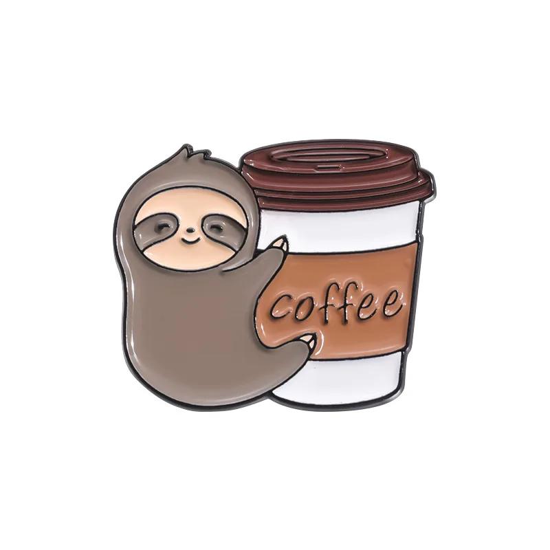 Lazy Cute Sloth Enamel Pin Cartoon Coffee Donut Banana Pillow Lapel Brooch Backpack Clothes Badge Decorative Metal Jewelry Gifts