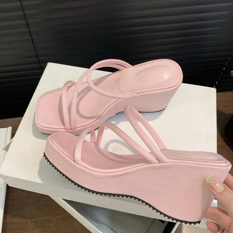 Fashion Eilyken Street Style Design Narrow Band Square Toe Platform Wedge High Heels Woman Slippers Fashion Slide Shoes