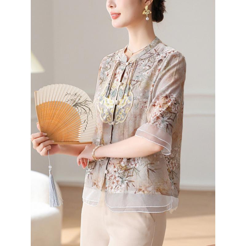 2024 New Chiffon Short Sleeve Blouse - Chinese Style Spring/Summer Top for Middle-Aged Women