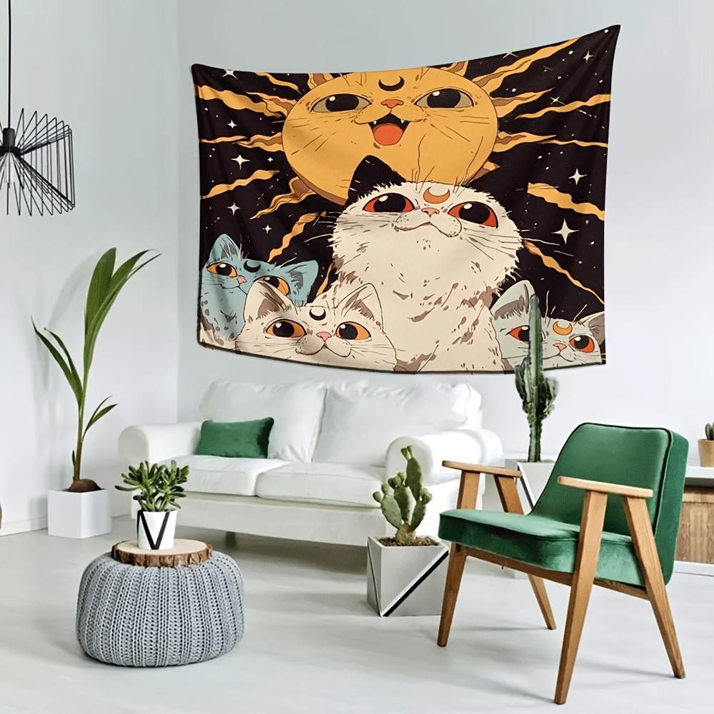 Katze Sonne Wandteppich Niedliche Katze Mond Wandbehang Ästhetische Katzenkunst Vintage Weltraum Dekor für Schlafzimmer Wohnzimmer
