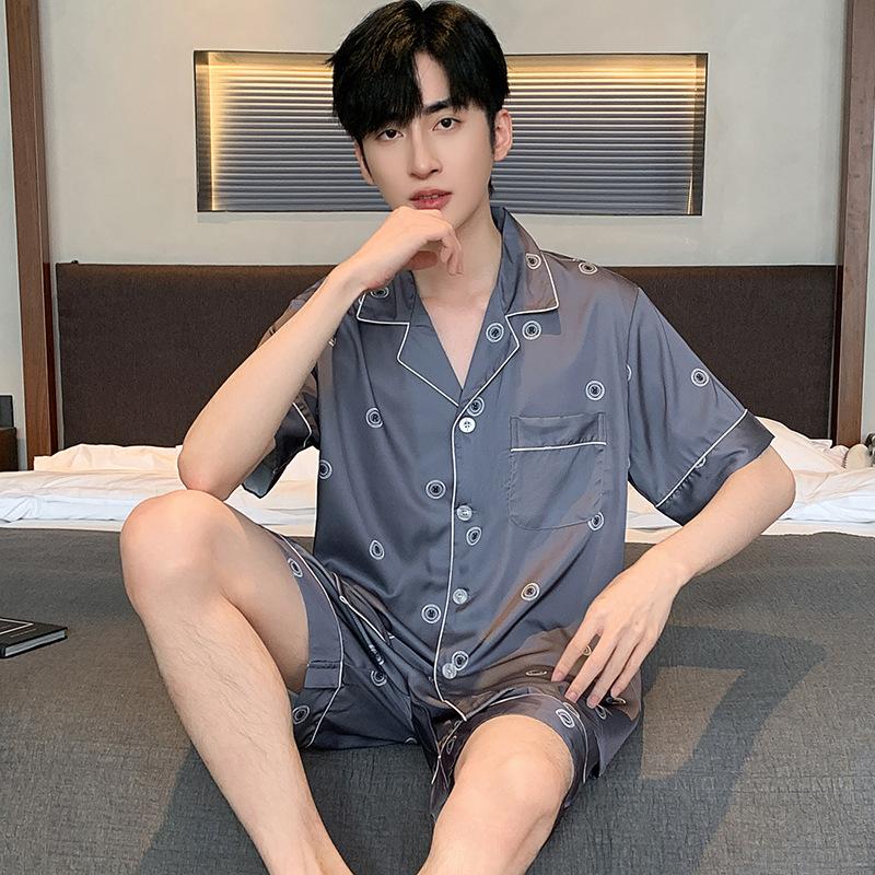 Pajamas Suit Men Summer Ice Silk Short Sleeved Long Pants Thin Male Satin Sleepwear Youth Homewear Set Gentlemen