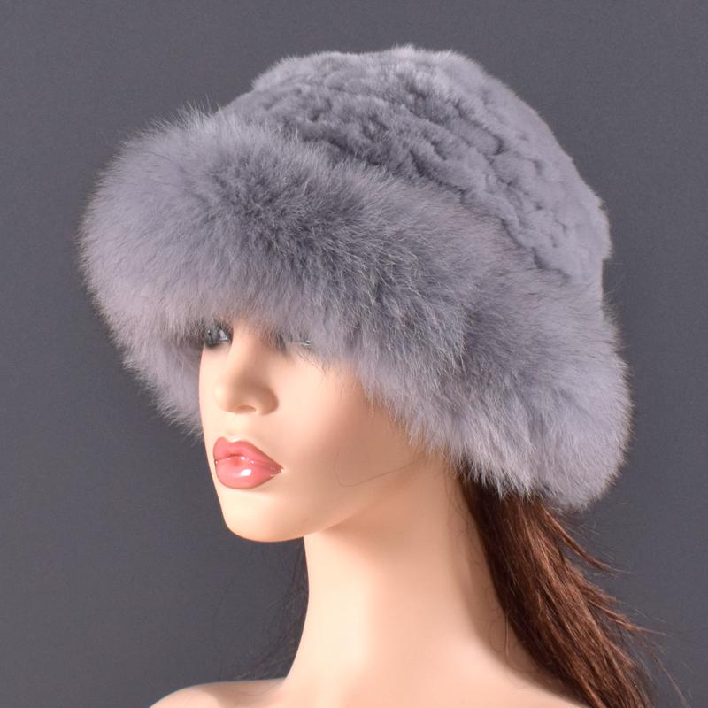 Women Real Fur Hat Rabbit Fur and Fox Fur Protection Ear Fluffy Beanies Fashion Knitted Cap Warm Winter Fur Hats for Women Ski