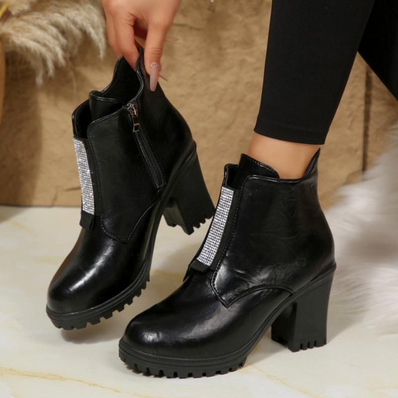 Fashionable New Comfortable Plus Size Sequined High-Heeled Women'S Boots Winter Round Toe Thick Sole Non Slip Casual Work Boots
