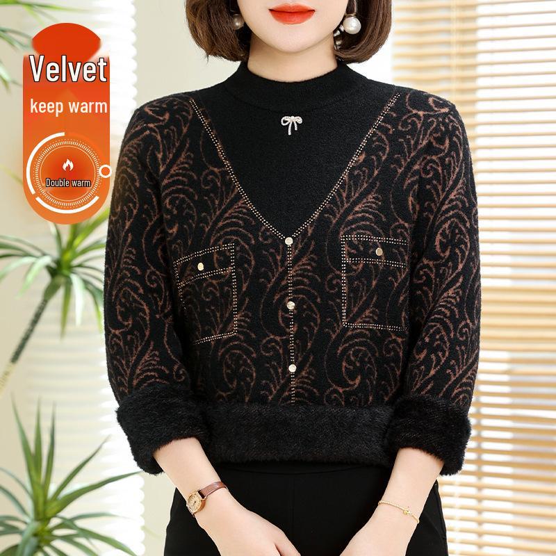 

Plus Size Faux Mink Fur Diamond-Studded Sweater with Half-High Collar for Middle-Aged Women 3XL (recommended 140-155 jin)