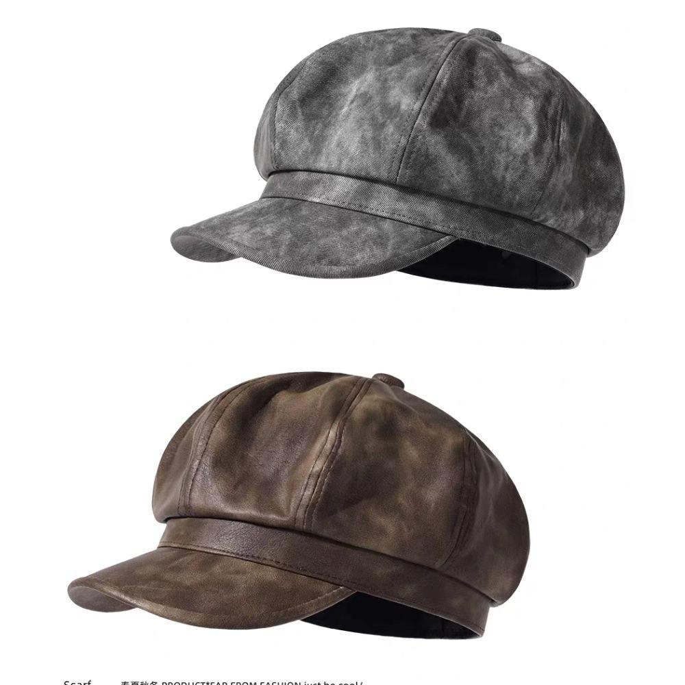 British Style Pu Leather Beret Autumn Winter Artist Cap Elegant Women's Beret  Streetwear