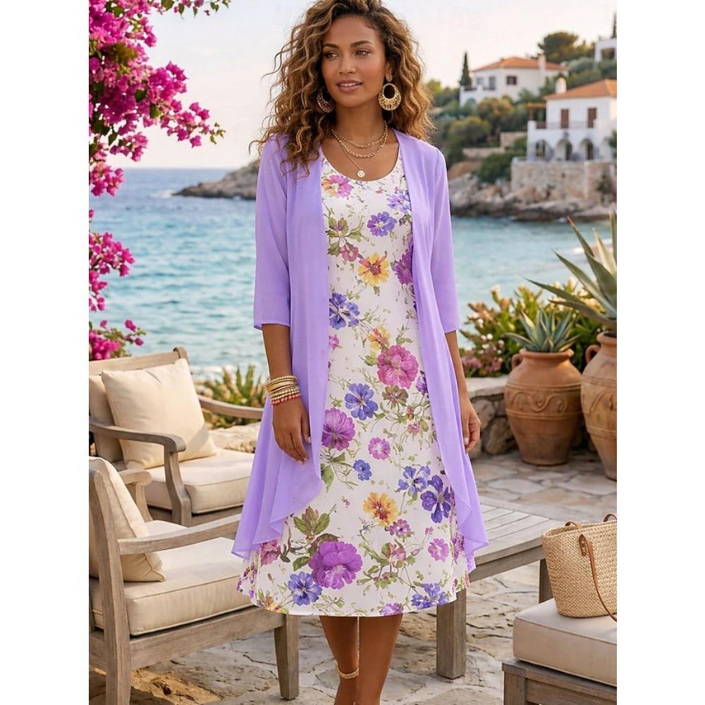 Women's O Neck Floral Print Midi Dress Two Piece Three Quarter Sleeve Chiffon Cardigan Loose Fit Casual Summer Outfit Set