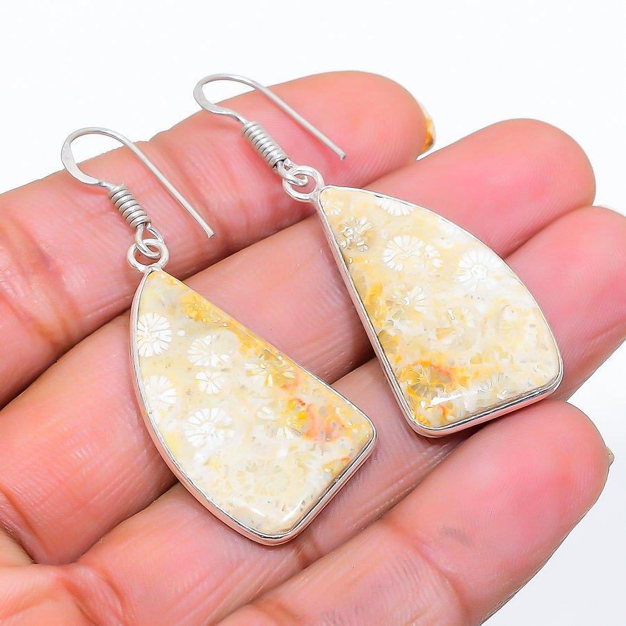 Fossil"Coral Gemstone Handmade 925 Sterling Silver Jewelry Earring 1.85" GK-4793