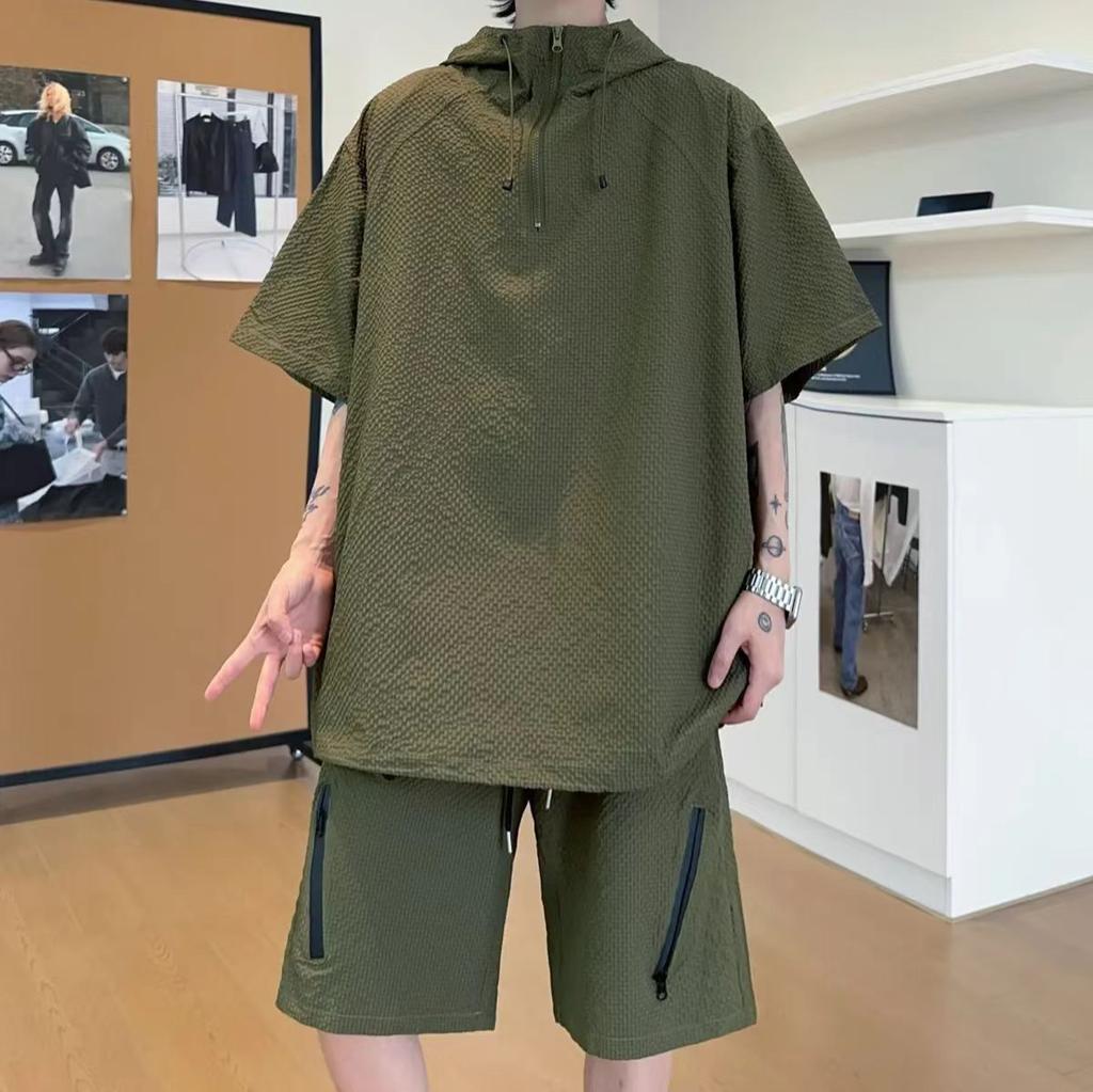 Hooded Foam Gauze Sunscreen Set, Short Sleeved Versatile Loose T-shirt Set