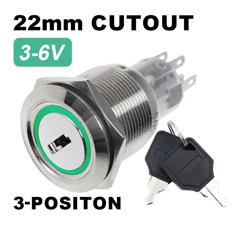 22mm Metal Rotary Key Selector Switch 2/3-Position Waterproof Self-locking Latching Knob Switch with LED Light 1NO1NC 2NO2NC