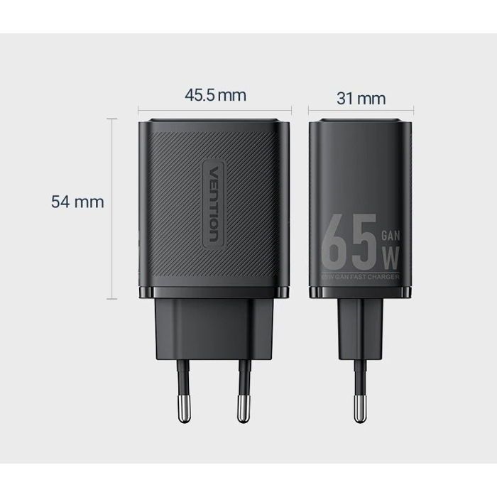 Vention 3-Port USB (C C A) GaN Charger (65W/65W/30W) EU-Plug Black