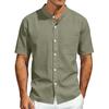 Mens Linen Shirt Short Sleeve Stand Collar Casual Loose Fit Breathable Lightweight Button Down Top with Chest Pocket