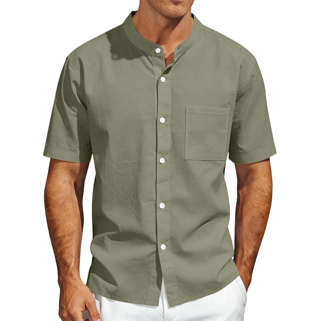 Mens Linen Shirt Short Sleeve Stand Collar Casual Loose Fit Breathable Lightweight Button Down Top with Chest Pocket