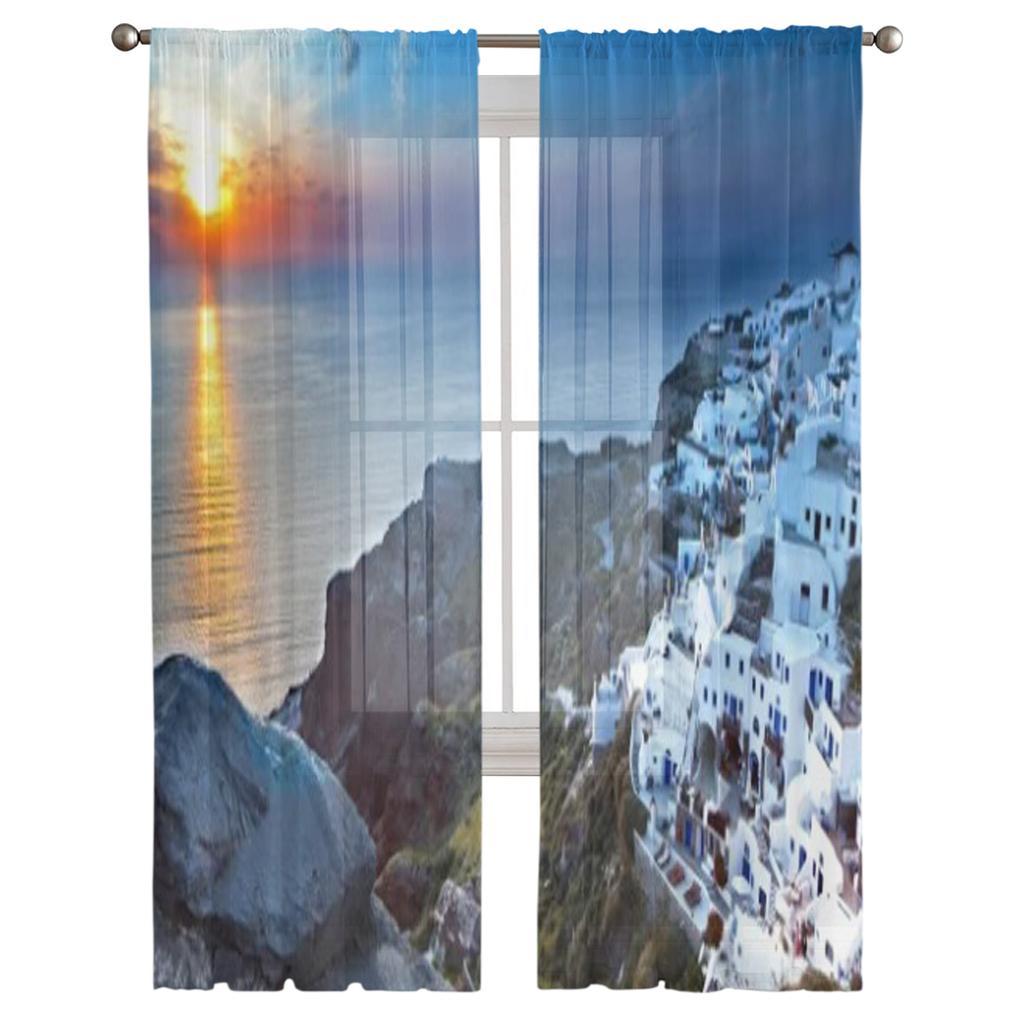 Santorini Insel in Griechenland Sonnenuntergang Chiffon Transparente Vorhänge für Wohnzimmer Schlafzimmer Küchendekoration Fenster Voiles Tüllvorhang