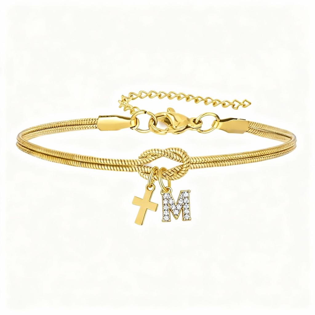 Double Knot Round Snake Bone Bracelet with Diamond 26 Letters Cross Pendant Charm Jewelry