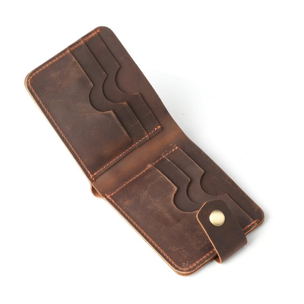 Handmade Crazy Horse Genuine Leather Men Wallet Hasp Snap Closure Minimalist Vintage Bifold Purse Short Cowhide Card Holder
